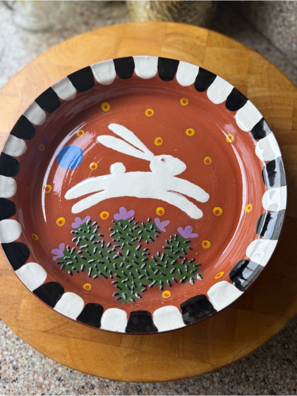 Vintage SW Hand Painted Pottery Pie Plate JackRabbit Cactus Signed Robles 1978